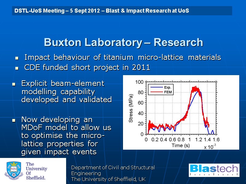 Department of Civil and Structural Engineering The University of Sheffield, UK Buxton Laboratory –